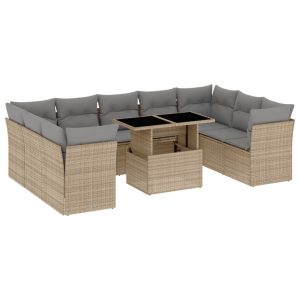 Set canapele de grădină cu perne, 10 piese, bej, poliratan