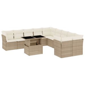Set canapele de grădină cu perne, 11 piese, bej, poliratan