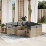 Set canapele de grădină, 9 piese, cu perne, bej, poliratan