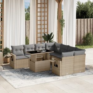 Set canapele de grădină, 9 piese, cu perne, bej, poliratan