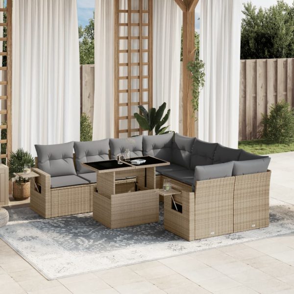 Set canapele de grădină, 9 piese, cu perne, bej, poliratan