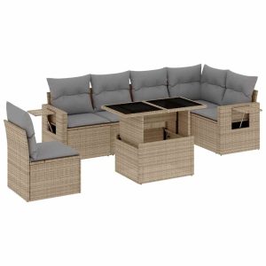 Set canapele de grădină, 7 piese, cu perne, bej, poliratan