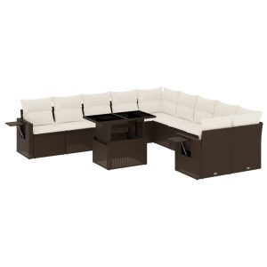 Set canapele de grădină cu perne, 11 piese, maro, poliratan