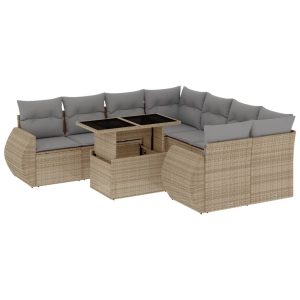 Set canapele de grădină, 9 piese, cu perne, bej, poliratan