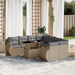 Set canapele de grădină, 9 piese, cu perne, bej, poliratan