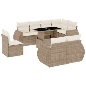 Set canapele de grădină, 9 piese, cu perne, bej, poliratan
