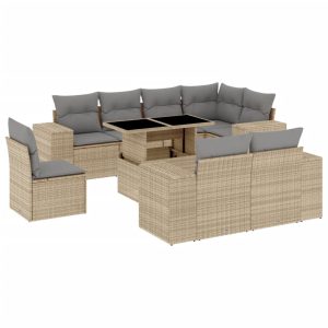 Set canapele de grădină, 9 piese, cu perne, bej, poliratan