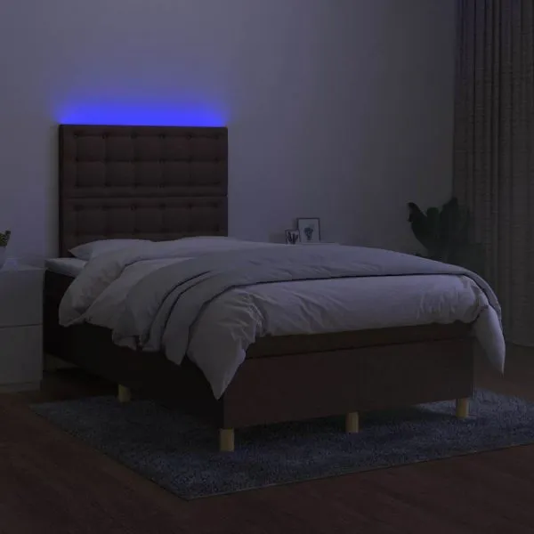 Pat cu arcuri, saltea și LED, maro închis, 120×190 cm, textil