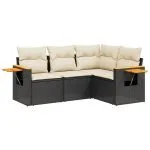 Set mobilier de grădină cu perne, 4 piese, negru, poliratan