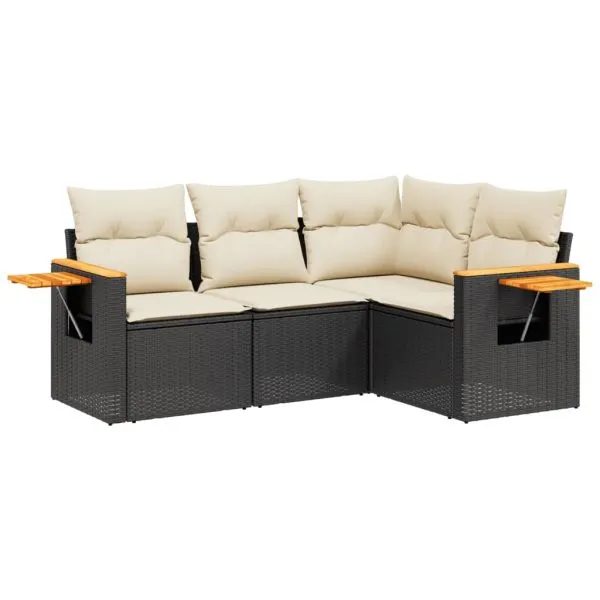 Set mobilier de grădină cu perne, 4 piese, negru, poliratan