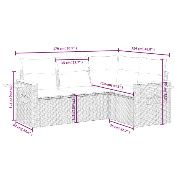 Set mobilier de grădină cu perne, 4 piese, negru, poliratan