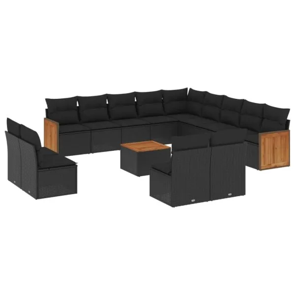 Set mobilier de grădină cu perne, 14 piese, negru, poliratan