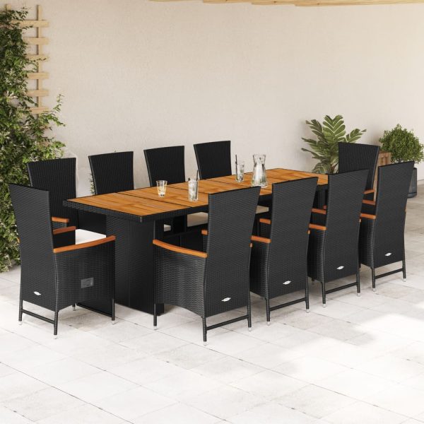 Set mobilier de exterior cu perne, 11 piese, negru, poliratan