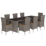 Set mobilier grădină cu perne, 9 piese, gri, poliratan