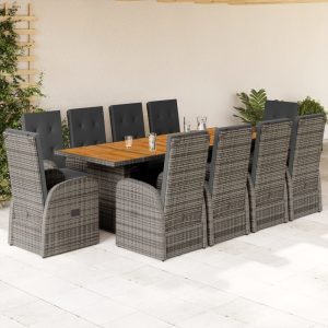 Set mobilier de grădină cu perne, 11 piese, gri, poliratan