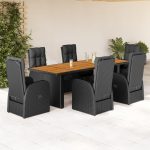 Set mobilier de grădină cu perne, 7 piese, negru, poliratan