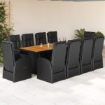 Set mobilier de exterior cu perne, 11 piese, negru, poliratan