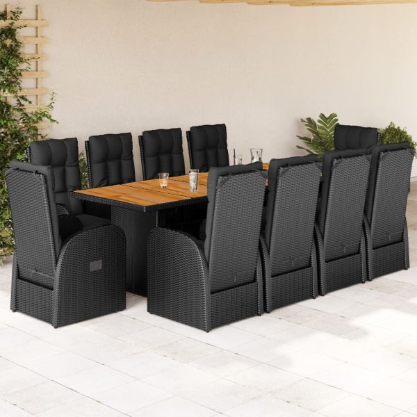 Set mobilier de exterior cu perne, 11 piese, negru, poliratan