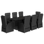 Set mobilier de grădină cu perne, 9 piese, negru, poliratan