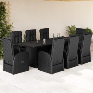 Set mobilier de grădină cu perne, 9 piese, negru, poliratan