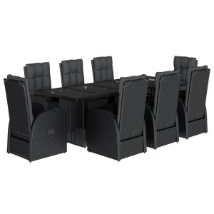 Set mobilier de grădină cu perne, 9 piese, negru, poliratan