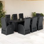 Set mobilier de grădină cu perne, 9 piese, negru, poliratan