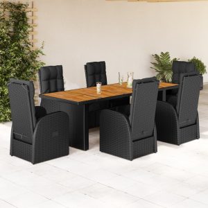 Set mobilier de grădină cu perne, 7 piese, negru, poliratan