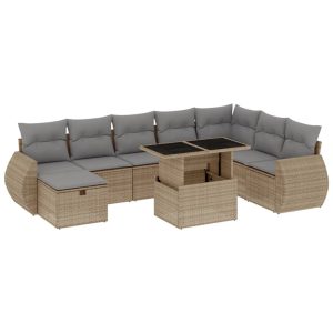 Set canapele de grădină, 9 piese, cu perne, bej, poliratan
