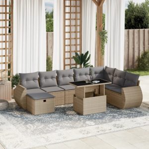 Set canapele de grădină, 9 piese, cu perne, bej, poliratan