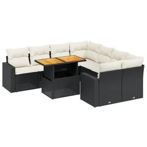 Set mobilier de grădină cu perne, 9 piese, negru, poliratan