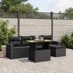 Set mobilier de grădină cu perne, 6 piese, negru, poliratan