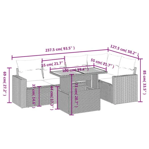 Set mobilier de grădină cu perne, 6 piese, negru, poliratan