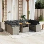 Set mobilier de grădină cu perne, 10 piese, gri, poliratan
