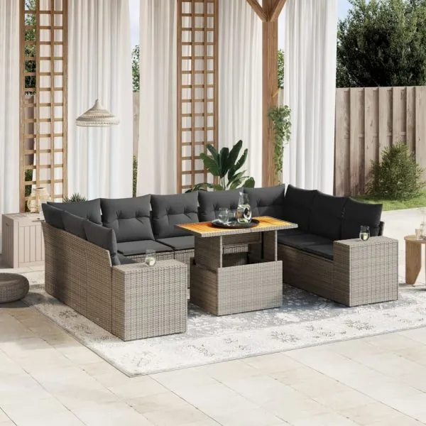 Set mobilier de grădină cu perne, 10 piese, gri, poliratan