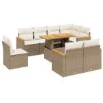 Set canapele de grădină, 9 piese, cu perne, bej, poliratan