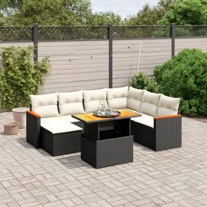 Set mobilier de grădină cu perne, 8 piese, negru, poliratan