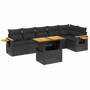 Set canapele de grădină cu perne, 7 piese, negru, poliratan