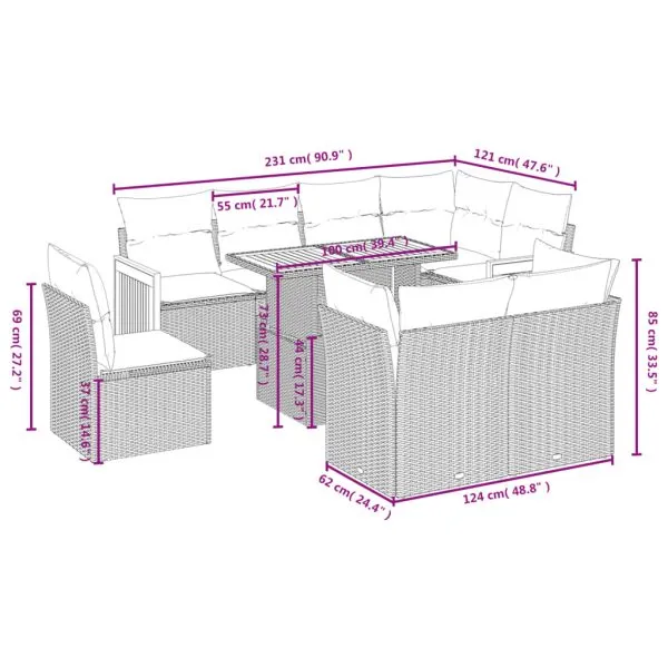Set mobilier de grădină cu perne, 9 piese, negru, poliratan