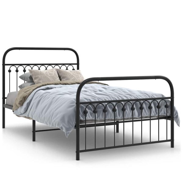 Cadru pat metalic cu tăblii de cap/picioare, negru, 107×203 cm