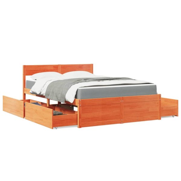 Pat cu sertare saltea, maro ceruit, 120×200 cm, lemn masiv pin