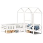 Set pat și bancă cu acoperiș, alb, 90×200 cm, lemn masiv de pin