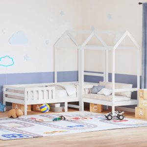 Set pat și bancă cu acoperiș, alb, 90×200 cm, lemn masiv de pin