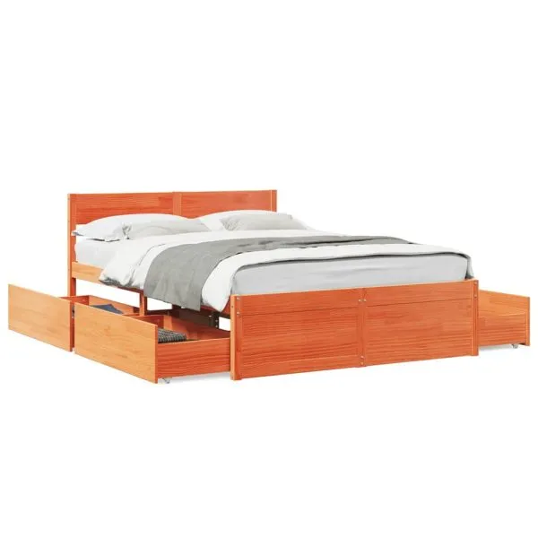 Cadru pat fără saltea, maro ceruit, 135×190 cm, lemn masiv pin
