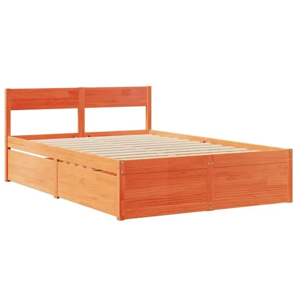 Cadru pat fără saltea, maro ceruit, 135×190 cm, lemn masiv pin