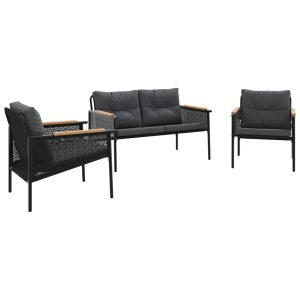Set mobilier de balcon, 3 piese, cu perne, negru, oțel
