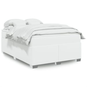 Pat box spring cu saltea, alb, 140×200 cm, piele ecologică