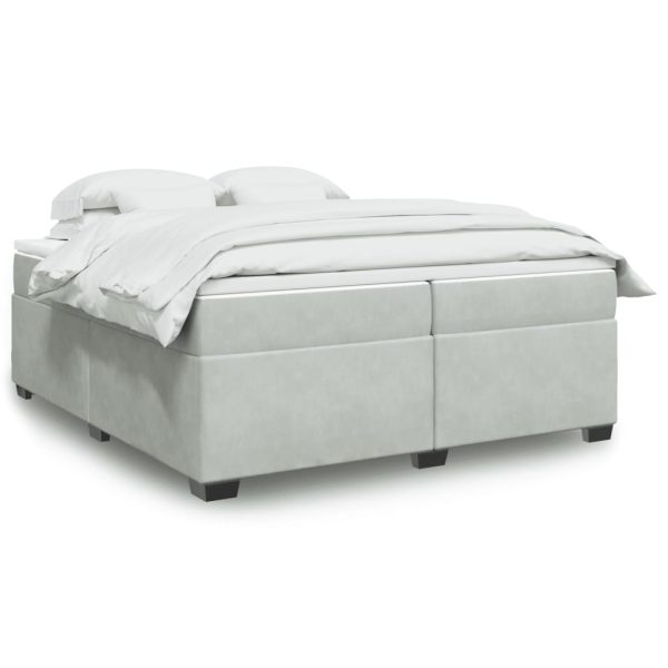 Pat box spring cu saltea, gri deschis, 200×200 cm, catifea