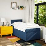 Pat box spring cu saltea, albastru, 90×200 cm, textil