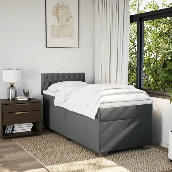 Pat box spring cu saltea, gri închis, 90×200 cm, textil