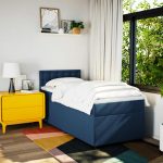 Pat box spring cu saltea, albastru, 90×200 cm, textil